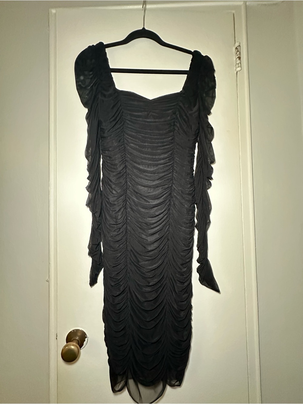 Fashion Nova Black Ruched Square Neck Long Sleeve Midi Dress